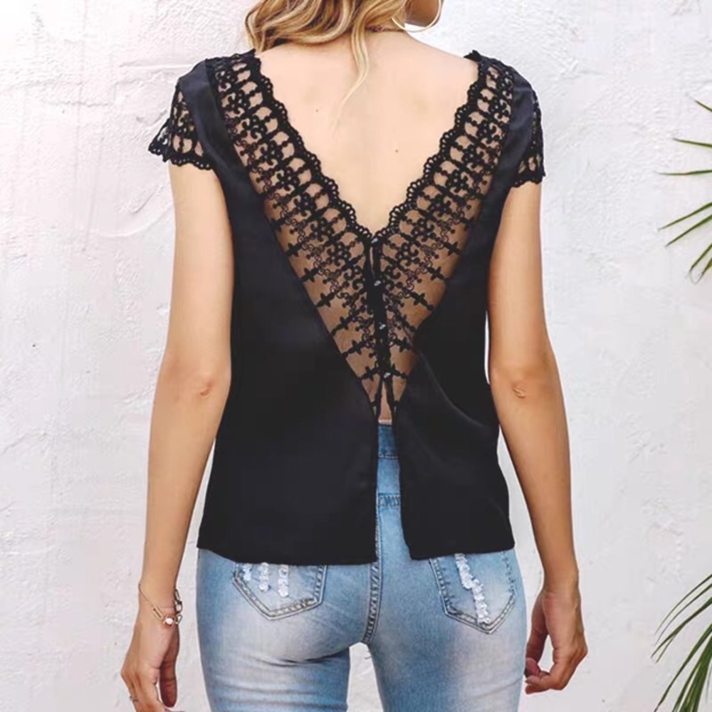 Black Contrast Lace Button Back Backless Blouse
